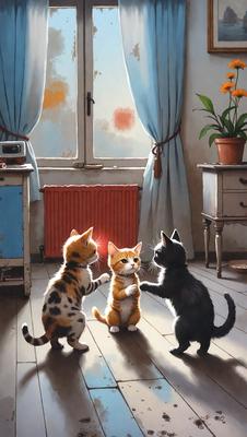 The primary subject of the image is a group of three cats standing in a room. The setting is a cozy, dimly lit room with a window, a potted plant, and a chair. The visual style is a combination of digital art and illustration, creating a warm and inviting atmosphere. The colors are predominantly warm and earthy tones, such as orange, brown, and black, which contribute to the overall mood of the scene.